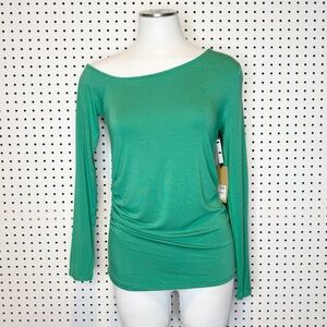 Halogen | NWT Off The Shoulder Assymetrical Long Sleeve Top in Green Clover
